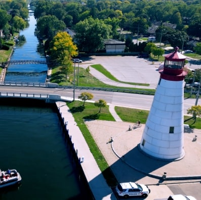 Aerial view of Riverside lighthouse and waterfront